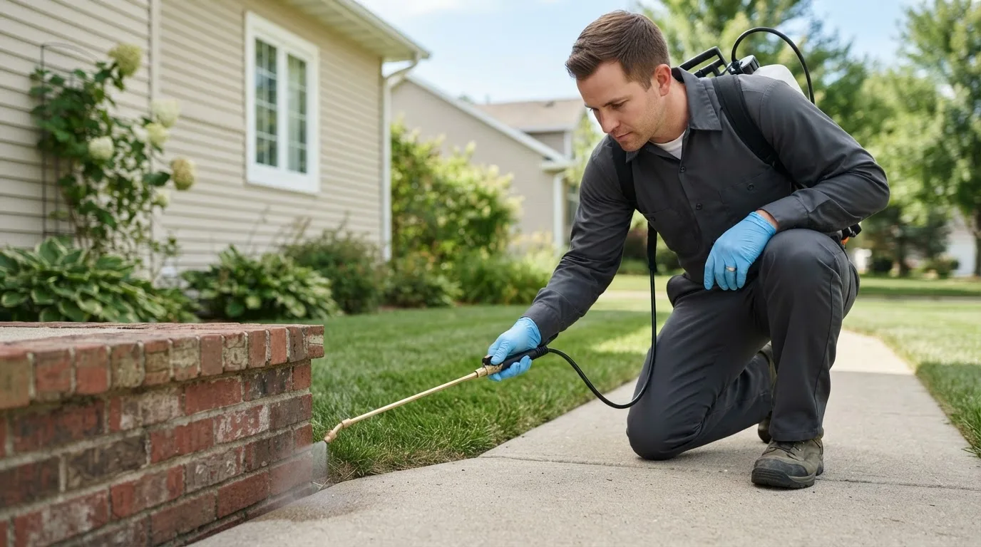 Pest control technician treating a home near Barnard, KS